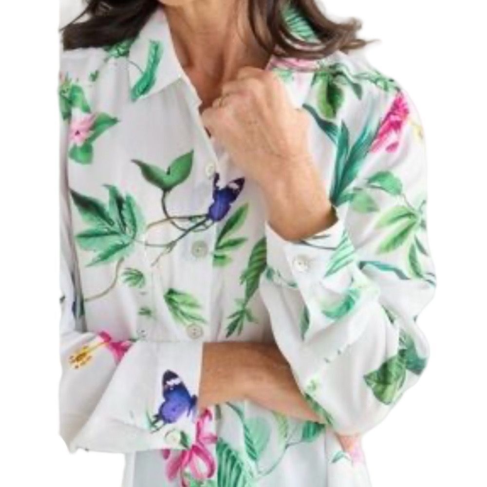 Anthropologie White and Purple Floral Silky Feel Top